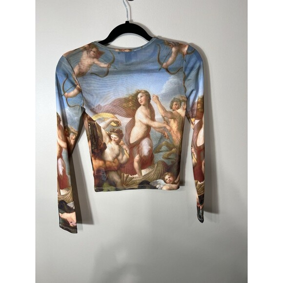 Forever 21 Ladies Crop Sheer Top Stretchy Renaissance Painting Long Sleeve Small - Picture 2 of 9